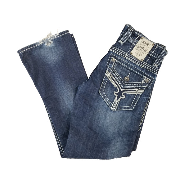 Rock Revival jeans men's 34x32 Chuck bootcut blue denim pants flap pocket retro